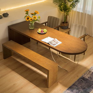 日式极简实木餐桌70cm宽半椭圆形家用客厅白蜡木法式复古亚克力桌