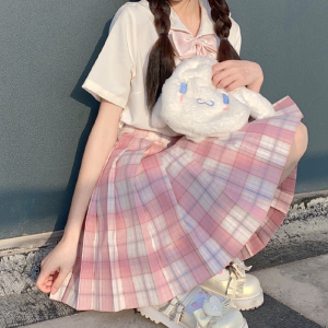 原创jk格裙【浅椿子】日系漫画感粉色温柔jk格裙甜美短裙百褶裙夏