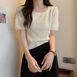 春季2024年韩版法式气质方领泡泡袖短款针织衫灯笼短袖女上衣T恤