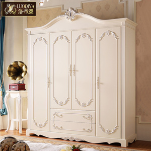 欧式实木衣柜卧室白色4门公主储物衣橱衣柜木质家具雕花组装柜子