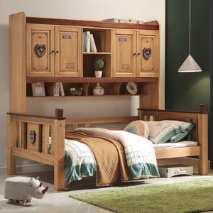 胡桃木衣柜床木蜡油实木顶柜床美式柜子床书架床儿童床书柜一体床