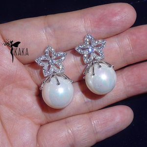 韩国进口 精湛工艺大颗贝珠珍珠微镶钻锆石五角星花朵耳环 耳饰