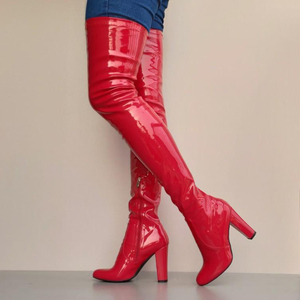 红色长筒靴子女粗跟2022春秋欧美漆皮高跟弹力靴显瘦过膝长靴大码