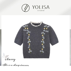 YOLISA  设计感重工花朵刺绣毛衣法式气质高级感短袖针织上衣外穿