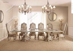 法式轻奢餐厅家具 英式宫廷贵族家具欧式灰色浅蓝色做旧12人餐桌
