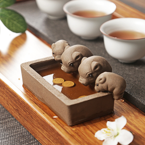 四只小猪喝水紫砂茶宠 宜兴段泥丰衣足食 可变色创意功夫茶玩可养