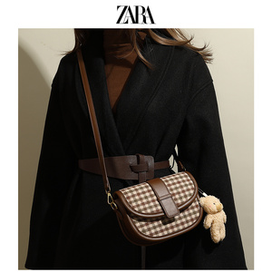 zara休闲简约马鞍包包女冬季2021新款超火小包帆布格子斜挎单肩包