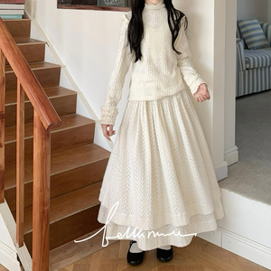 【BM12.9新品】公主的小裙子冬季松紧腰蕾丝竖条纹拼接双层半身裙