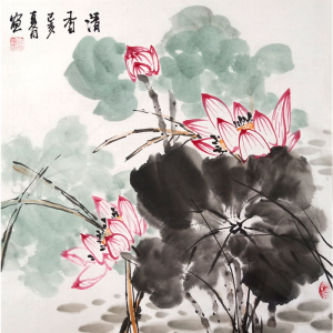 纯手绘国画真迹字画客厅酒店卧室莲花鸟手工写意水墨斗方形荷花