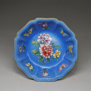 民国铜胎珐琅彩蓝釉蝴蝶牡丹纹八角盘子 包老古玩文房案头香道盘