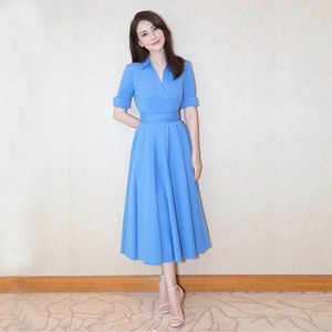 maje代购高圆圆同款蓝色衬衫连衣裙修身显瘦气质v领名媛礼服长裙