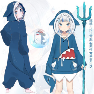 鲨鱼娘纯棉卫衣服装嘎呜古拉 gawr gura 日系睡衣cos二次元外套