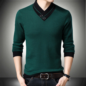2021秋冬季男士毛衣修身版加厚绿色针织衫外套拼撞色时尚叠领毛衫