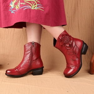 马丁靴女冬季民族风短靴真皮中跟短筒棉靴子手工复古女鞋妈妈鞋