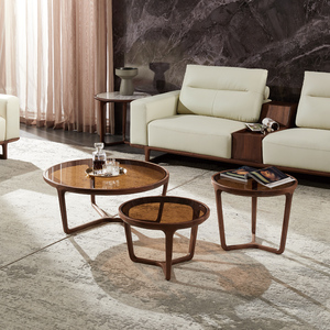 北美黑胡桃木茶几意式极简轻奢茶色钢化玻璃圆形茶几组合客厅家具