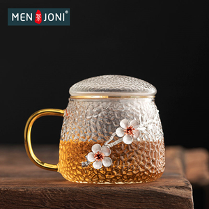 Men&Joni日式锤纹玻璃茶杯家用茶水分离泡茶杯带盖子女士办公水杯
