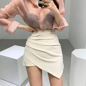 不规则皱褶高腰包臀短款半身裙女夏季新款显瘦包裙a字白色短裙子