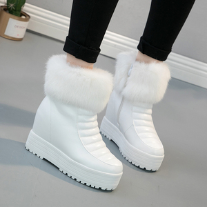 白色雪地靴女冬季厚底毛毛内增高防滑短靴子皮面加绒加厚保暖棉鞋