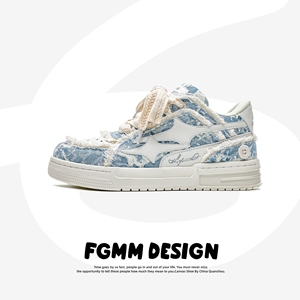 FGMM原创设计牛仔蓝破碎流星滑板鞋小众男鞋子夏季厚底帆布鞋情侣