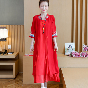 红色连衣裙2024春秋季新款大码女装胖MM民族风刺绣套装两件套长裙