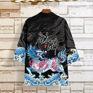 国潮麒麟披风道袍男中国风衣服唐装宽松薄款羽织休闲大码个性男装