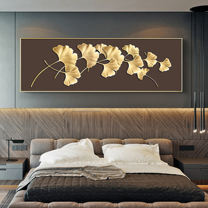 床头装饰画轻奢简约现代卧室挂画大气横长幅横版银杏叶老人房永恒