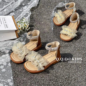 韩系儿童鞋2024夏季新款仙女风蕾丝女孩子罗马凉鞋软底女童公主鞋