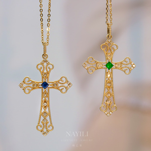 18k金镶嵌天然宝石十字架项链蕾丝宫廷复古风18k天然钻石可出证书