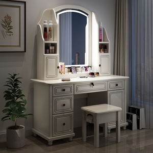 轻奢实木梳妆台卧室现代简约白色化妆桌镜子带灯化妆台收纳柜一体