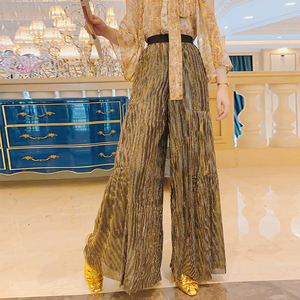 reve高定 盛宴鎏金华丽黑金s级顶料压褶亮丝阔腿高腰a字大摆裙裤