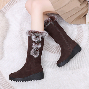 美拉德雪地靴女坡跟软底新款冬季真皮兔毛高筒靴加绒加厚保暖棉靴