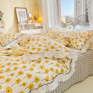 ins韩系少女公主风花边四件套韩式全棉纯棉小清新床单版被套黄色