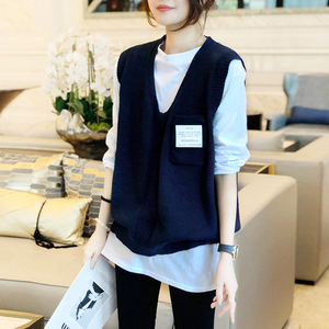 touch miss蓝色短款v领针织马甲t恤两件套女外穿马夹上衣2022春季