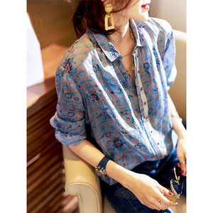 日本站品牌春季新款时髦碎花蓝色衬衫女轻薄长袖亚麻衬衣宽松显瘦