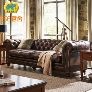 意舍美式沙发真皮三人位直排组合客厅复古油蜡皮家具工业风头层皮