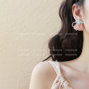 YOUJUclub-樱花心情 甜美彩色水晶串珠花朵设计感耳环蚊香盘耳夹