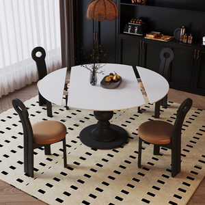 美式实木旋转圆餐桌复古黑色圆形吃饭桌子小户型简约设计师可伸缩