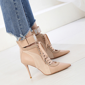 裸色高跟鞋女百搭细跟性感2020年春秋新款高帮尖头仙女风绑带短靴