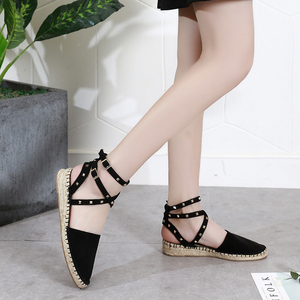 小曼套脚草编鞋绑带休闲女鞋铆钉凉鞋麻底鞋百搭韩版高跟渔夫鞋春