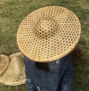 竹编圆顶斗笠女款防晒遮阳帽复古草帽男夏季防雨舞蹈道具手工编织