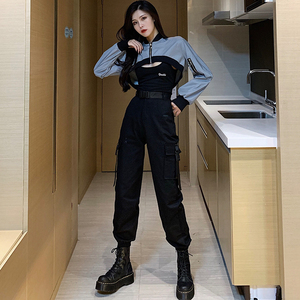 工装裤套装女宽松bf2021春秋季新款韩版高腰显瘦嘻哈束脚三件套潮