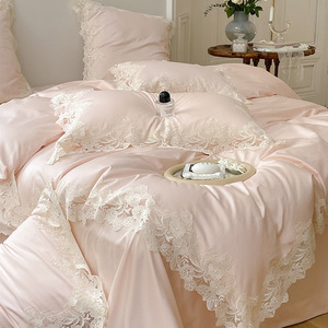 公主风蕾丝100支长绒棉全棉四件套纯棉贡缎家纺1.8粉白色床单被套
