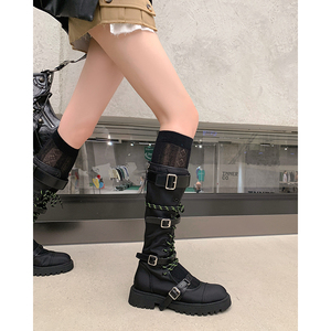 BCGIRL甜酷辣妹镂空马丁靴女夏季新款系带拉链平底高筒靴骑士靴子