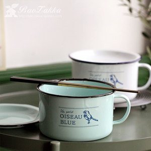 BAOZAKKA 出口珐琅青鸟搪瓷泡面杯 有盖手柄餐碗 泡面碗 带碟饭盒