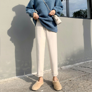 毛呢裤子女秋冬2020新款直筒宽松加厚高腰显瘦米白色萝卜烟管裤子