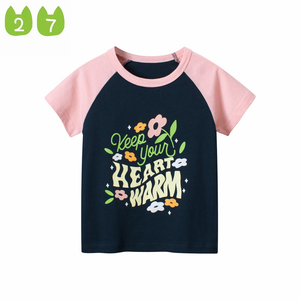 27home夏季女童字母短袖T恤衫儿童花朵半袖衣服宝宝拼色纯棉衣服