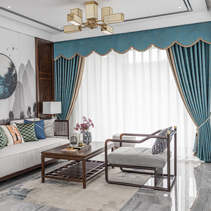 新中式窗帘客厅成品帘带帘头现代轻奢高精密遮光布湖蓝咖色拼接