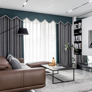 现代简约轻奢客厅遮光窗帘浅灰色拼接孔雀蓝带帘头大气窗帘定制