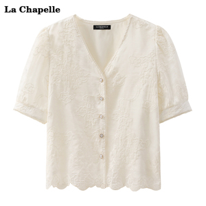 拉夏贝尔法式V领蕾丝短袖衬衫女装夏季漂亮雪纺衫刺绣泡泡袖上衣