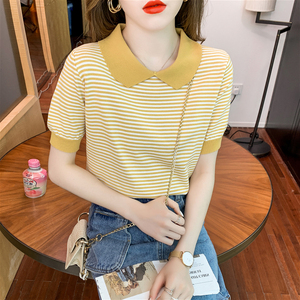 夏季新款韩版条纹娃娃领短袖冰丝针织衫女薄款别致小个子减龄上衣